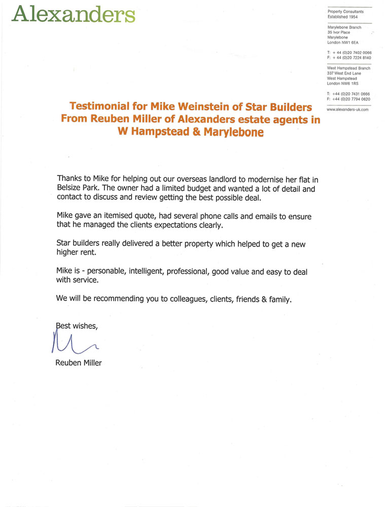 Testimonial for Star Builders from Alexanders Estate Agents
